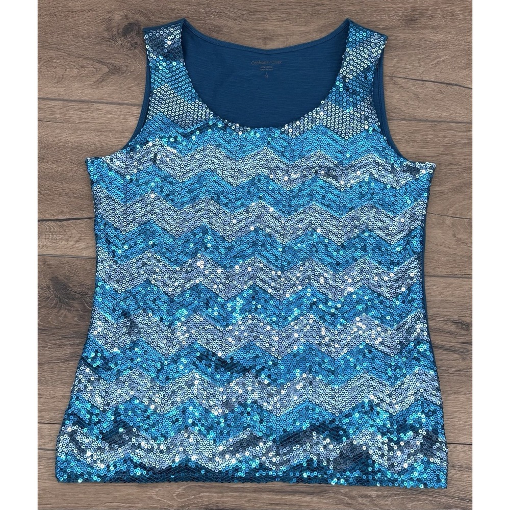 Coldwater Creek Sequin Chevron Tank Top Size Large Blue Silver Sleeveless